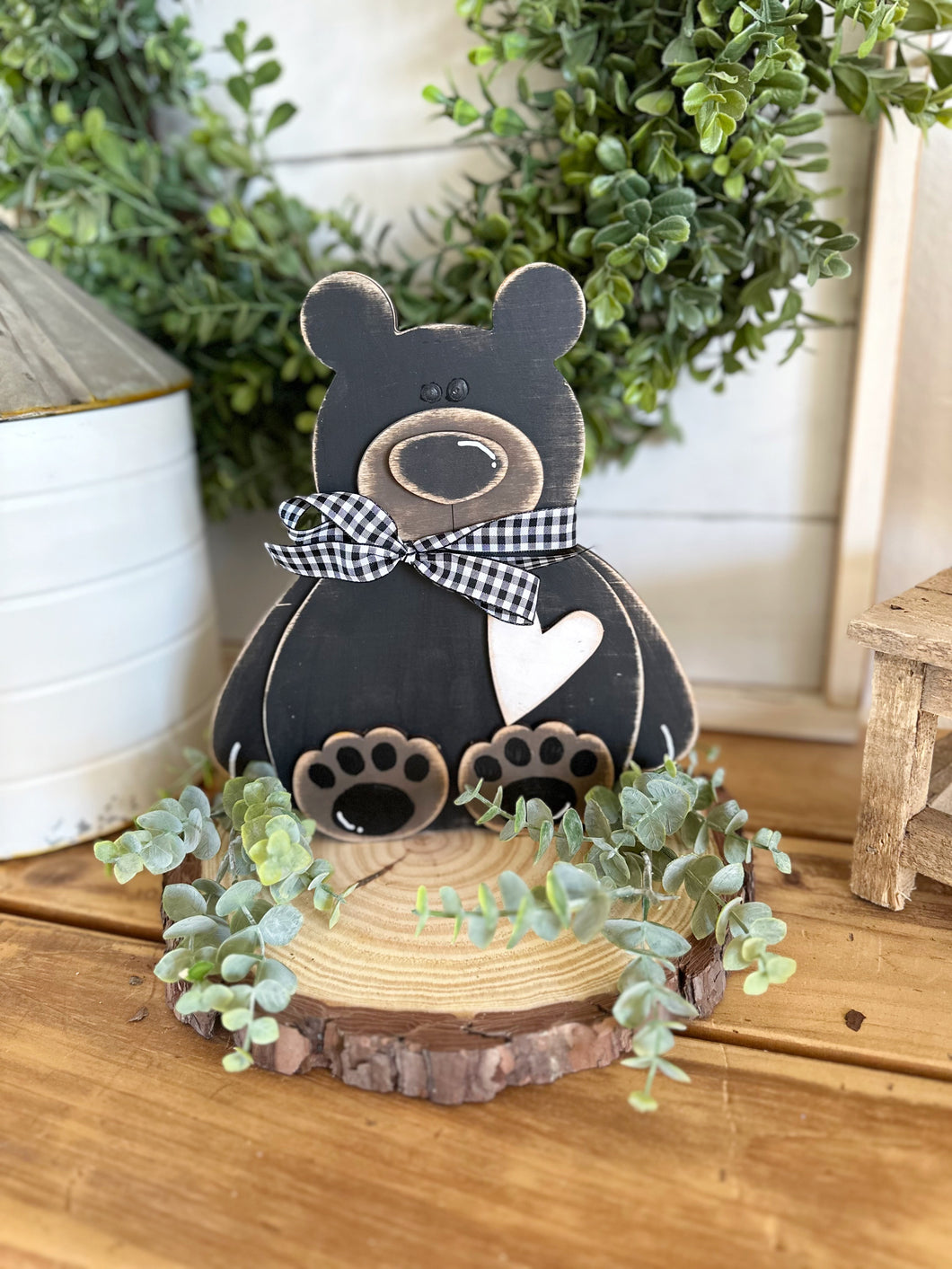 Woodland Bear with Wood slice and greenery