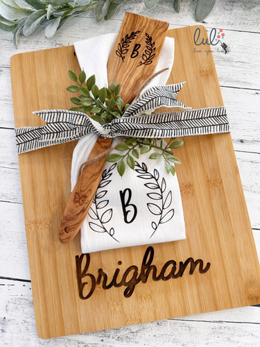 Personalized Cutting Board, Tea Towel and Large Engraved Spoon (option to add on candle)